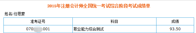 2015年任思蒙注冊會計(jì)師綜合階段考試成績單